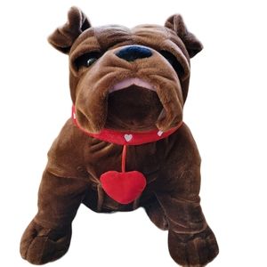 Kellytoy Bulldog Plush Dark Brown with Red Heart Hanging from Red Collar